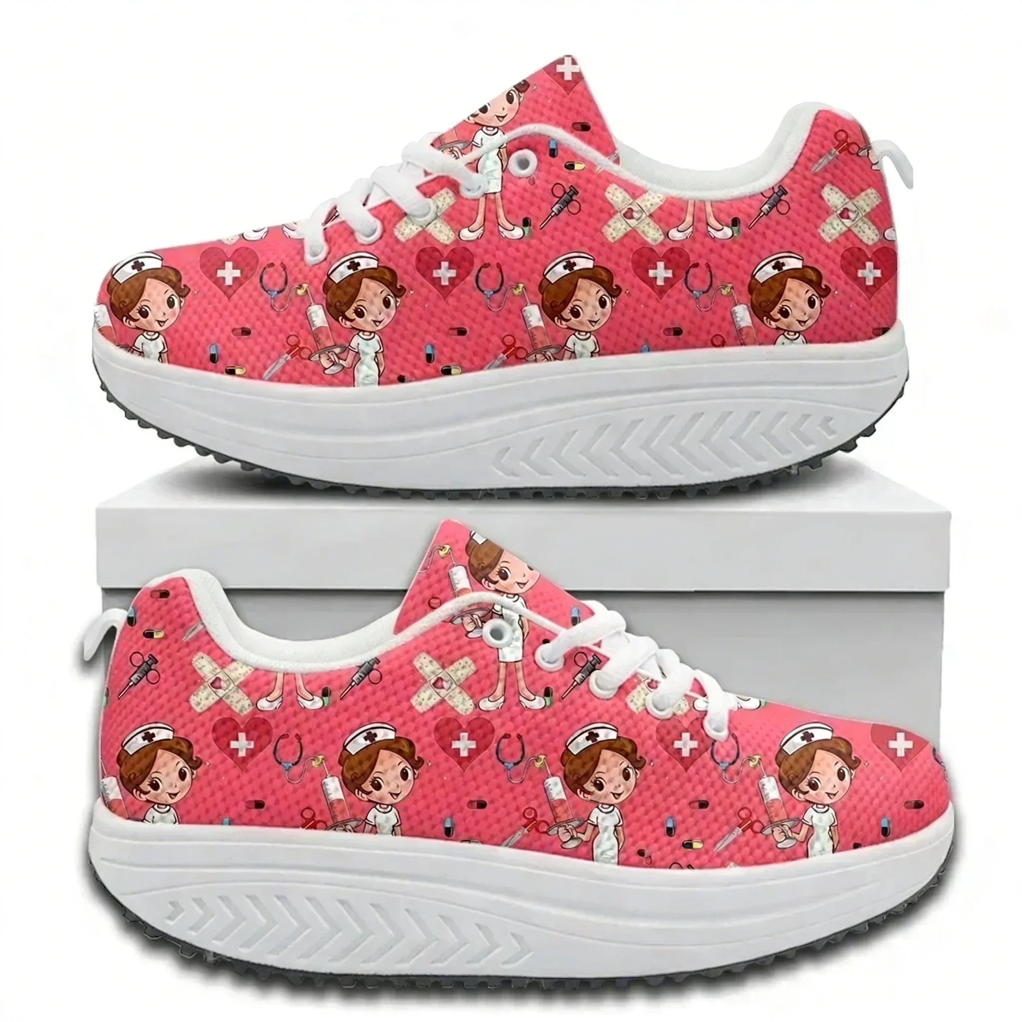 Care For Sneaker - 快適なレースアッププラットフォームスニーカー、医療看護師プリントカジュアルスイングシューズ、滑り止めナースシューズ、トーニングシューズ